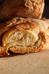 Homemade french baguette on a wooden surface