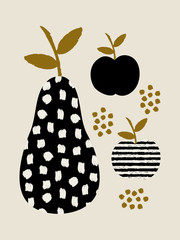 Modern design with pears and apples in black, cream and ochre.