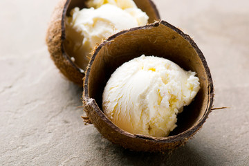 coconut ice cream in coconut shell.
