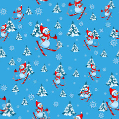 Seamless pattern with snowmen, skiers in the winter forest