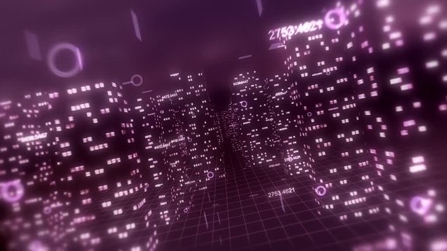 3D financial city flight animation, seamless loop. Purple theme.