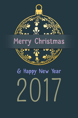 Merry Christmas and Happy New Year 2017 greeting card, gold silhouette of christmas ball with text on dark desaturated blue background, holiday vector illustration