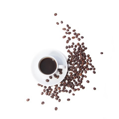 White cup with coffee and coffee beans on white background