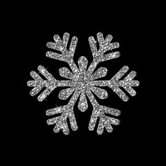 Snowflake glittering winter isolated on black background. Silver icon silhouette. Vector illustration for Christmas design. New Year sign. Symbol of celebration.