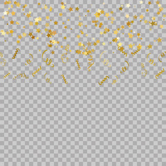 Serpentine ribbons and stars, isolated on background. Streamers confetti . Vector Illustration of Golden decoration. Falling decoration for party, birthday celebrate, anniversary or event, festive.