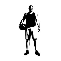 Basketball player standing with ball, abstract vector silhouette