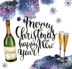 Watercolor christmas card with champagne and snowflakes. Season illustration with Merry Christmas and happy New Year lettering on white background. For design or print 