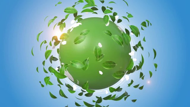 Green leaves rotating around orbiting globe