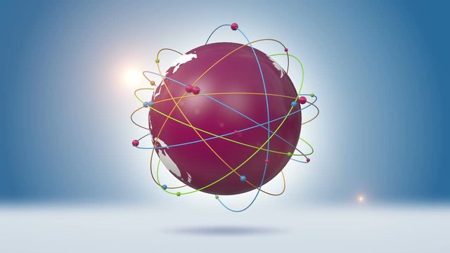 Colorful Spheres Rotating Around Orbiting Red Globe