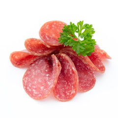 Salami smoked sausages slices isolated on white background.