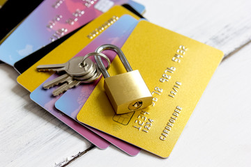 Credit cards with lock close up - online shopping
