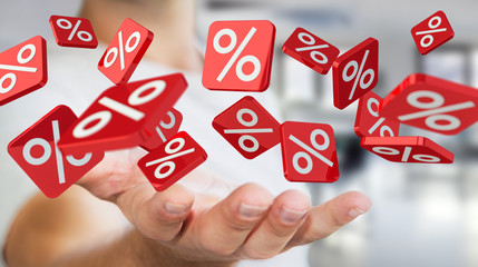 Businessman holding sales icons in his hand 3D rendering