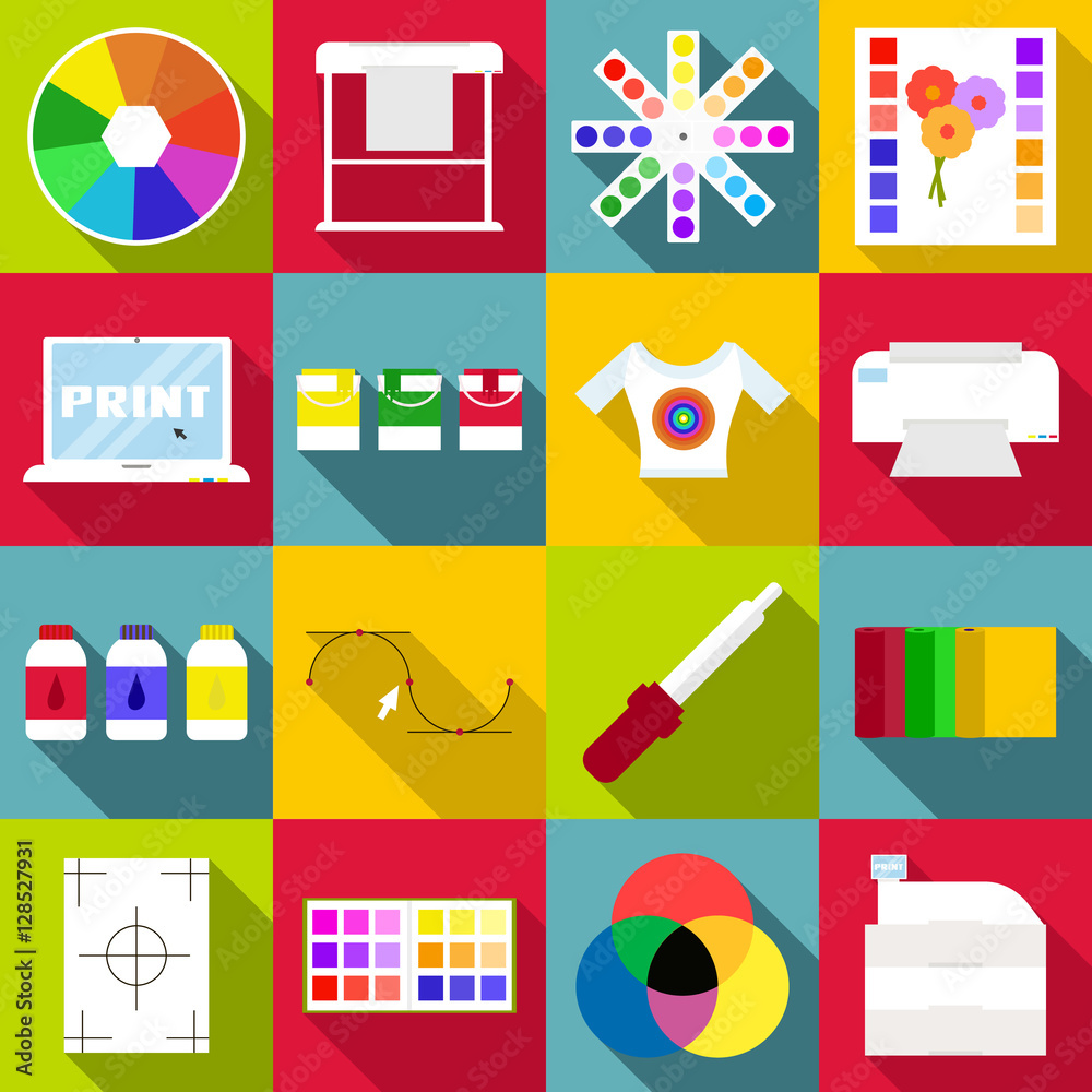 Poster print items icons set. flat illustration of 16 print items vector icons for web