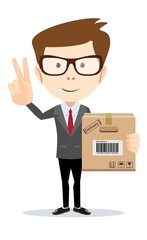 delivery service man with box shows sign of victory