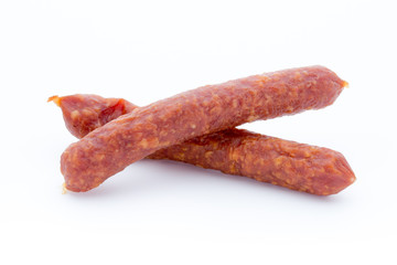 Smoked sausage salami isolated on a white background.