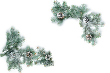 Christmas gingerbreads and snow-covered fir-tree branches with copy space