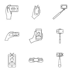 Photo on smartphone icons set. Outline illustration of 9 photo on smartphone vector icons for web