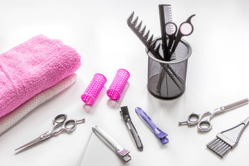hairdresser working desk with tools