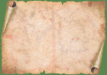 Altes Papier, Papyrusrolle mit historischer Landkarte als Hinter