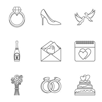 Wedding celebration icons set. Outline illustration of 9 wedding celebration vector icons for web