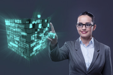 Businesswoman in business concept with finance cube