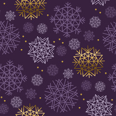 Xmas snowflakes seamless pattern. Gold and ink color background