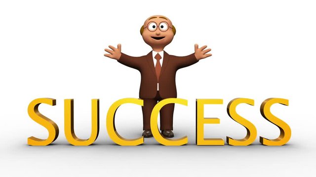 Senior 3d business man character standing with success text