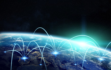 Global network and satellite data exchange 3D rendering elements © sdecoret