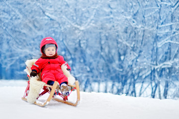 Little boy enjoying a sleigh ride