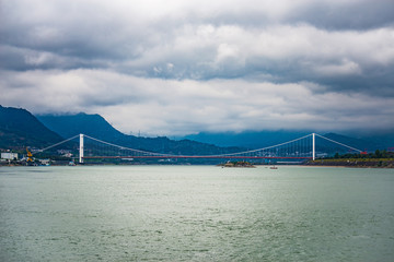 Yangtze River town of modern bridge on rainy day