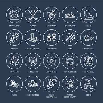 Cute thin line icons of winter sports. Outdoor activities vector elements - snowboard, hockey sled, skates, snow tubing, ice kiting. Linear pictogram with editable stroke for equipment rent ski resort