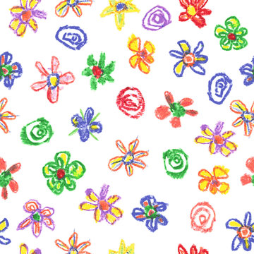 Wax crayon kid`s drawn colorful seamless pattern with flowers on white. Hand drawn art background. Child`s painting pastel chalk design elements.