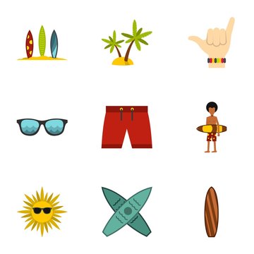 Surfing icons set. Flat illustration of 9 surfing vector icons for web