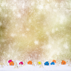 Christmas grunge background with stars, small wooden houses, Christmas trees and snow