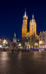 Fototapeta na wymiar Market square and St. Mary's Basilica at night. Krakow, Poland.