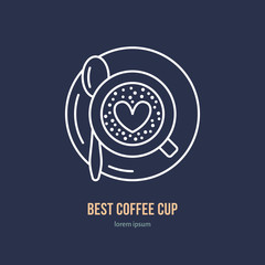 Vector line icon of coffee cup. Coffee shop linear logo. Outline symbol of espresso, cappuccino, americano for cafe, bar, restaurant logotype