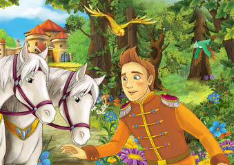 Cartoon happy and funny scene with couple of horses near the path to the forest - some traveler - prince - flying birds - nature scene - beautiful manga girl - illustration for children