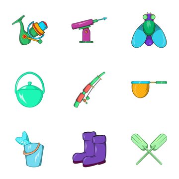 Angling icons set. Cartoon illustration of 9 angling vector icons for web