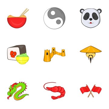 Tourism in China icons set. Cartoon illustration of 9 tourism in China vector icons for web