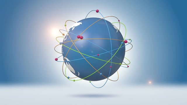 Colorful Spheres Rotating Around Orbiting Blue Globe