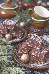 Fototapeta na wymiar Chocolate fudge with nuts from Nigella Lawson