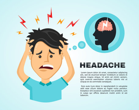 Vector Flat Man With A Headache, Compassion Fatigue, A With A Disease Of The Head, An Office Worker Holding His Head With His Hands And Feels Anguish. Migraine, Health Problems And Pain Head Stress