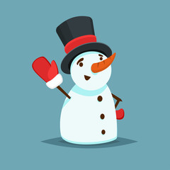 Happy Snowman in black hat and red mitten vector icon flat helper or game character