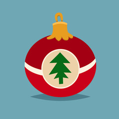Merry Christmas red ball with fur tree icon in roundframe, Christmas balls, vector illustration