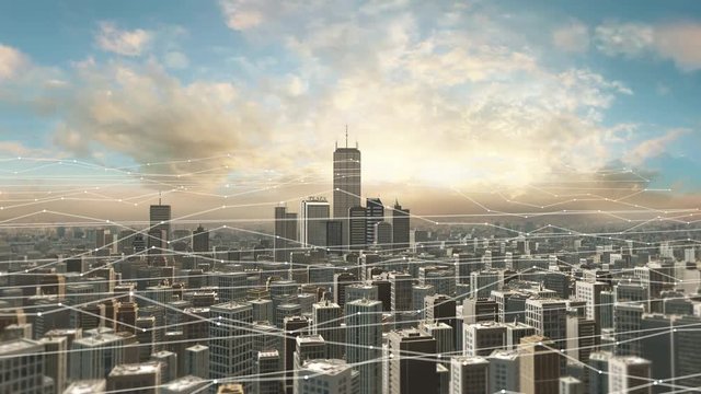 Aerial view of city skyline with futuristic network connections.