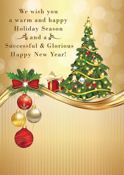Elegant winter season greeting card for print for Christmas and New Year. Contains Christmas baubles, Christmas tree, snowflakes pattern and a nice Christmas greeting message. Print colors used
