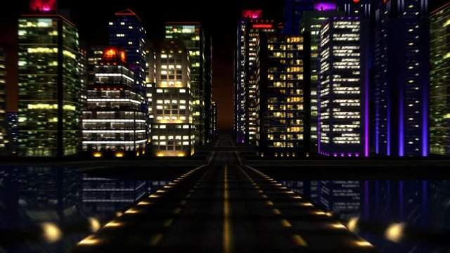 3D city flight animation at night