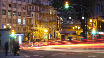 Fototapeta na wymiar Vigo city at night with lights of cars in motion
