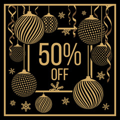 Banner for seasonal discounts, exclusive Christmas decorations, balls, snowflakes, serpentine, flat design vector