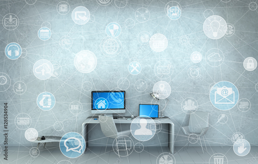 Aufkleber hand drawn multimedia presentation concept in office 3d renderin
